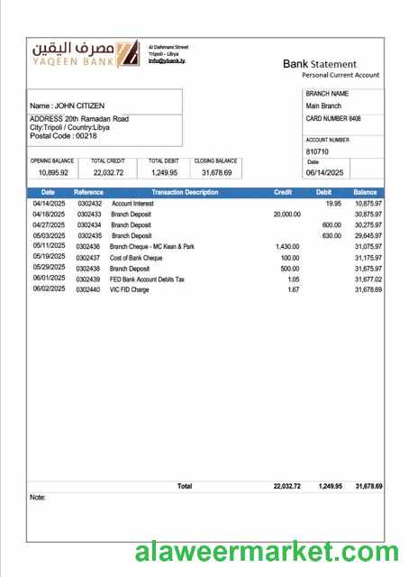 Libya Yaqeen Bank statement Word and PDF template
